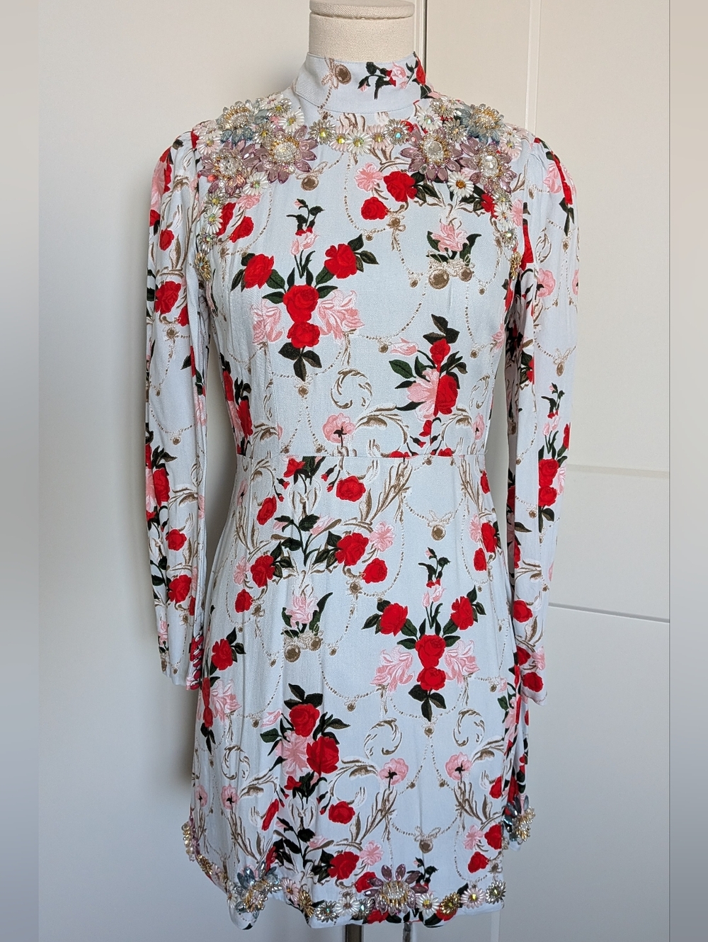 NWT TopShop Light Blue Red Pink Rose Skater Beaded Jewel Floral Dress 4 - Picture 3 of 14